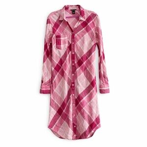 Moda International Pink Plaid 100% Linen Button Down Shirt Dress Womens 14